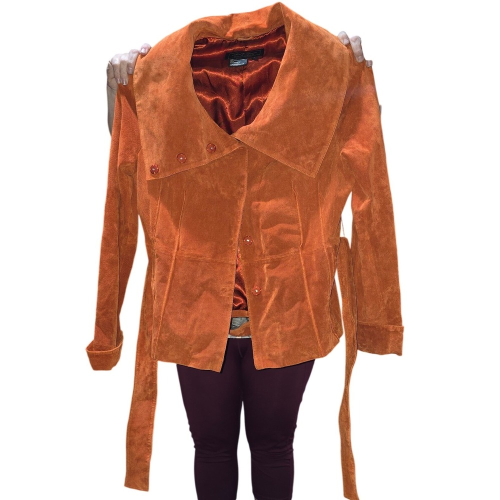 Terry Lewis Classic Luxuries Orange Suede Leather Belted Jacket Large RN77025